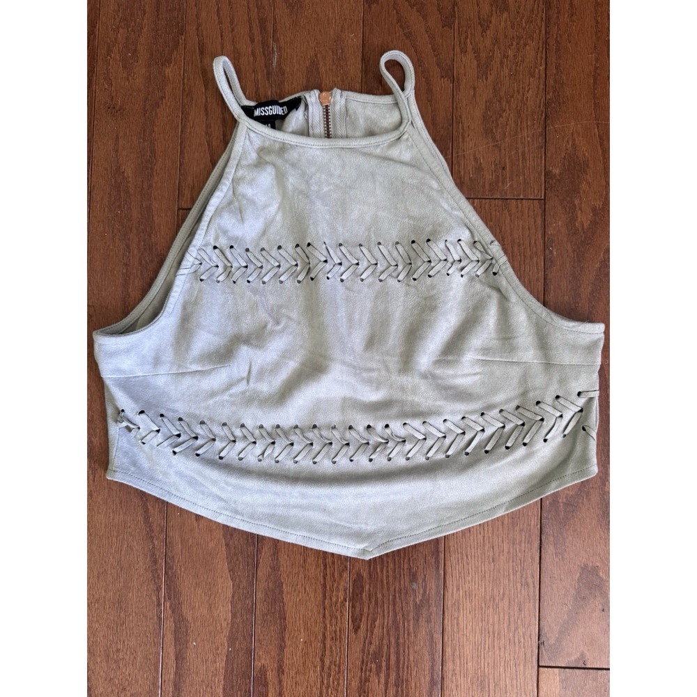 Missguided Sage Faux Suede Lace Up Crop Top Halter Festival Boho Sz 10 Soft